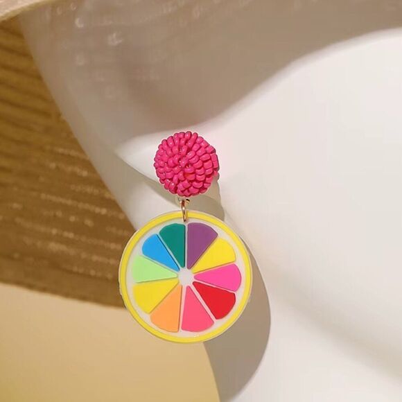 Rainbow Lemon Slice Pink Beaded Dangle Earrings - Picture 2 of 4